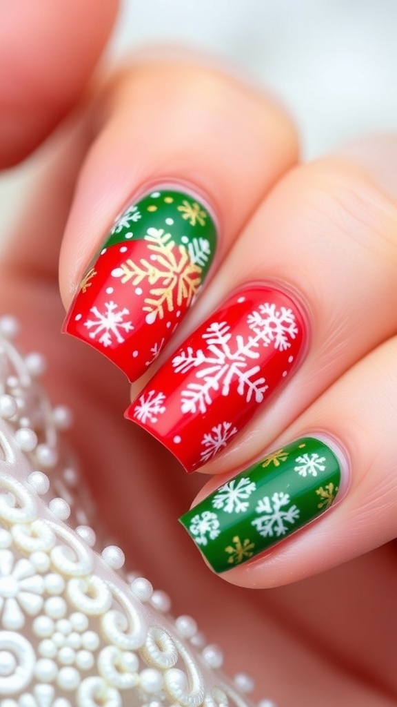 Close-up of short Christmas-themed nails with red, green, and white designs.
